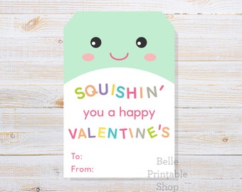 Printable Gift Tag - Squishin' You A Happy Valentine (To / From) - 2" x 3" + 2.67" x 4" - Instant PDF Download