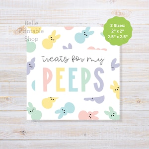 May include: A square, white printable design with pastel-colored bunny illustrations and the text "treats for my PEEPS." The design includes two size options: 2" x 2" and 2.5" x 2.5".