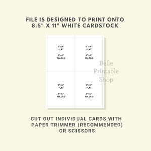 May include: A white printable cardstock design with four sections, each labeled with dimensions for flat and folded cards. Text includes "FILE IS DESIGNED TO PRINT ONTO 21.6cm x 27.9cm WHITE CARDSTOCK" and instructions to cut out cards with a paper trimmer or scissors.