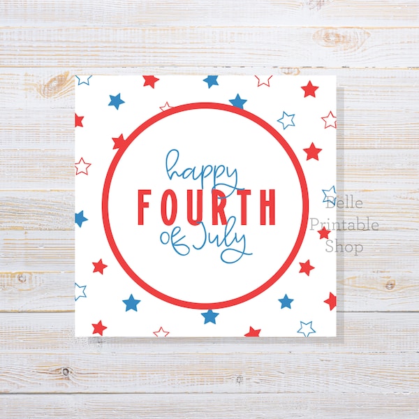 Printable Cookie Tag - Happy Fourth (4th) of July (Stars) - 2" Square + 2.5" Square - Instant PDF Download