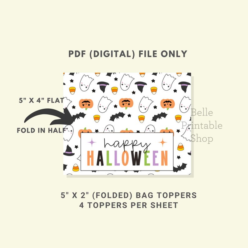 Happy Halloween Bag Topper – Ghost Pattern (5" x 2" Printable) image 2