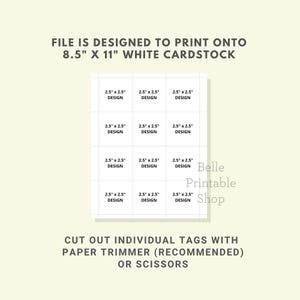 Puede incluir: Un dise&ntilde;o imprimible en cartulina blanca, con nueve plantillas de etiquetas de 6,35 cm x 6,35 cm. El texto incluye instrucciones para recortar las etiquetas con una cizalla o tijeras. El logotipo de Belle Printable Shop es visible.