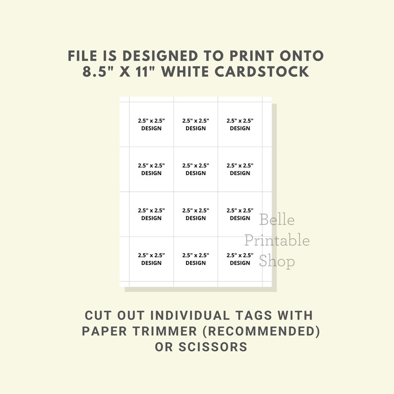 Puede incluir: Un dise&ntilde;o imprimible en cartulina blanca, con nueve plantillas de etiquetas de 6,35 cm x 6,35 cm. El texto incluye instrucciones para recortar las etiquetas con una cizalla o tijeras. El logotipo de Belle Printable Shop es visible.