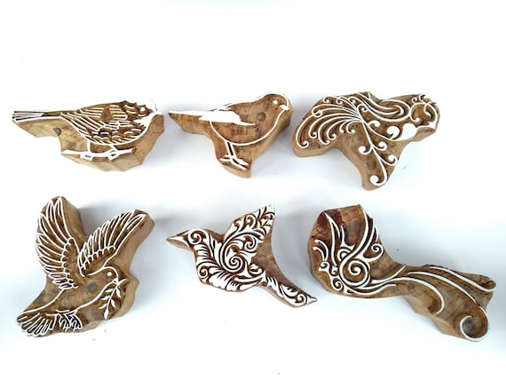 Bird Wooden Block Stamp Gift Set – Hand-Carved Printing Blocks for Fabric, Clay, Henna & Crafts – Indian Handmade Craft Kit