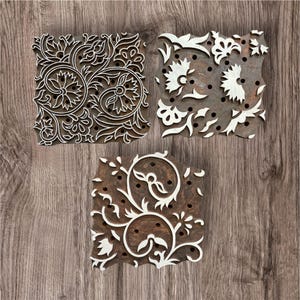 Blocco da stampa in legno – Intagliato a mano 6x6" – Set di 3 disegni – Timbro tessile – Realizzato artigianalmente da pluripremiati – Spessore 1,3"