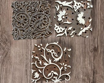 Wooden Printing Block – Hand-Carved 6x6" – Set of 3 Designs – Textile Stamp – Award-Winning Artisan Made – 1.3" Thick