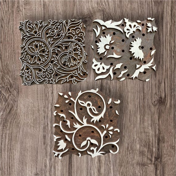 Wooden Printing Block – Hand-Carved 6x6" – Set of 3 Designs – Textile Stamp – Award-Winning Artisan Made – 1.3" Thick