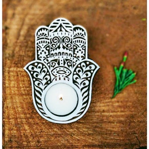 hamsa hand tea light candle holder hand carving tea light holder , printing block stamp