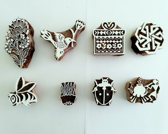 Hand Carved Wooden Printing Blocks, Set of 8, Fabric & Scrapbook Stamps