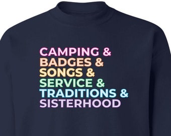 Girl Scout Troop Leader Traditions List Crewneck Sweatshirt - Plus Size Adult Volunteer and Older Girl Camp Shirt