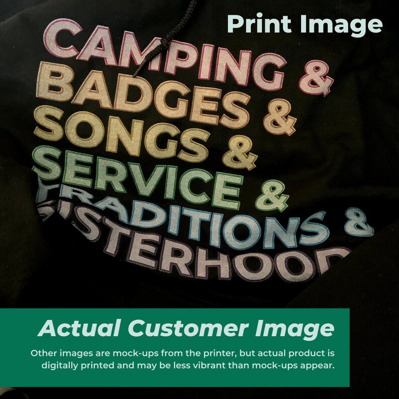 以下が含まれることがあります： 「Camping & Badges & Songs & Service & Traditions & Sisterhood」と虹色の文字が書かれた黒いパーカー。