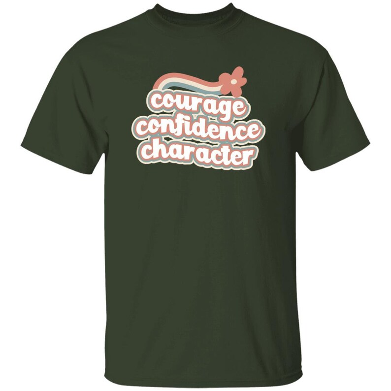 Camiseta arcoíris retro con el personaje "JÓVENES, Coraje y Confianza" en tallas infantiles para Girl Scouts Forest