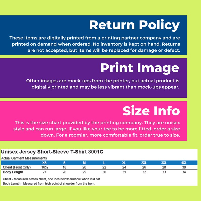 May include: Size chart for a unisex short-sleeve t-shirt. The chart shows measurements in inches for chest and body length for sizes XS to 4XL. The chart is titled "Unisex Jersey Short-Sleeve T-Shirt 3001C".