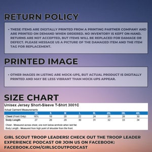 May include: A size chart for a unisex short-sleeved t-shirt with measurements in inches. The chart shows sizes from XS to 4XL. The text "Girl Scout Troop Leaders! Check out the Troop Leader Experience Podcast or join us on Facebook: facebook.com/girlscoutpodcast" is at the bottom of the chart.