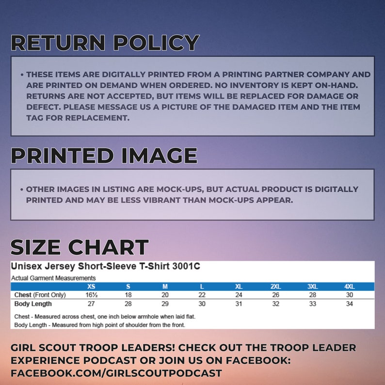 May include: A size chart for a unisex short-sleeved t-shirt with measurements in inches. The chart shows sizes from XS to 4XL. The text "Girl Scout Troop Leaders! Check out the Troop Leader Experience Podcast or join us on Facebook: facebook.com/girlscoutpodcast" is at the bottom of the chart.