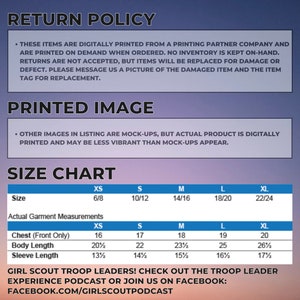 May include: Size chart for a digitally printed t-shirt with measurements in inches. The chart shows sizes XS, S, M, L, and XL with corresponding chest, body length, and sleeve length measurements. The text "Girl Scout Troop Leaders! Check out the Troop Leader Experience Podcast or join us on Facebook: facebook.com/girlscoutpodcast" is also included.