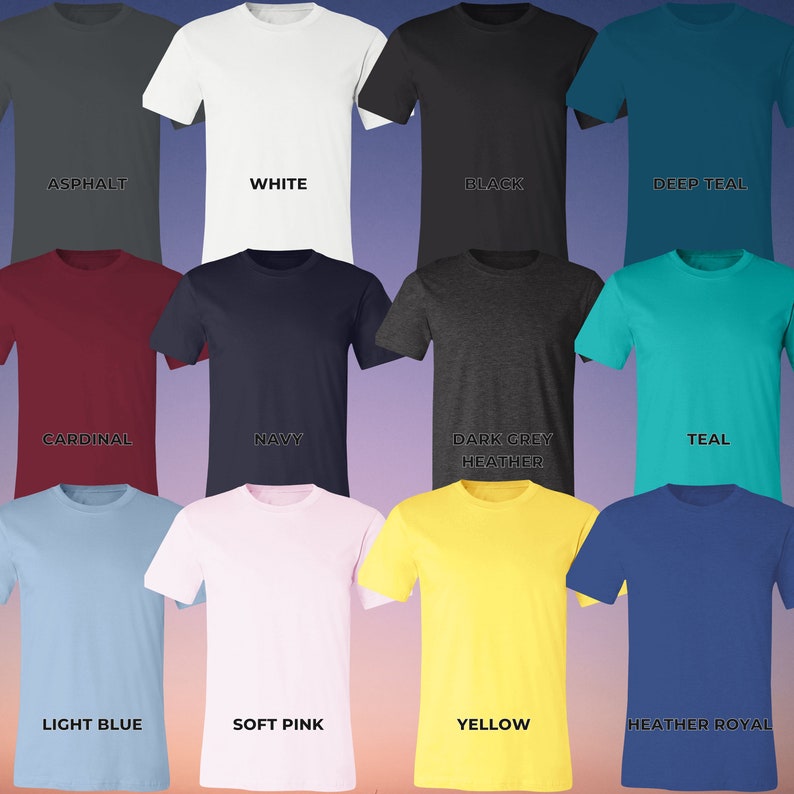 K&ouml;nnte beinhalten: Eine Collage aus 12 T-Shirts in verschiedenen Farben, darunter Asphalt, Wei&szlig;, Schwarz, Dunkelblau, Kardinalrot, Marineblau, Dunkelgrau meliert, T&uuml;rkis, Hellblau, Rosa, Gelb und Royalblau meliert.