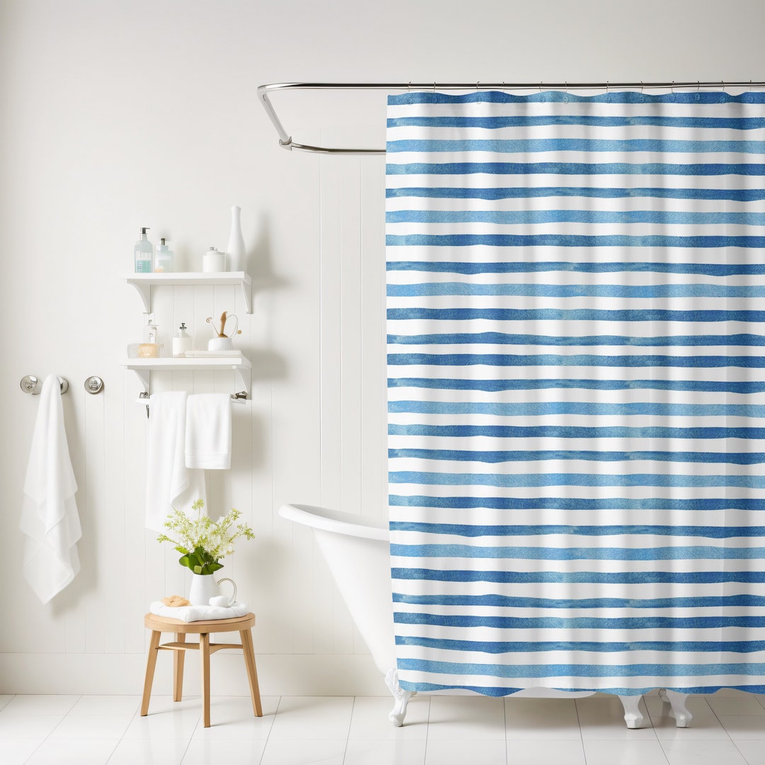 Watercolor Blue Striped Shower Curtain Marine Fun Cool Etsy