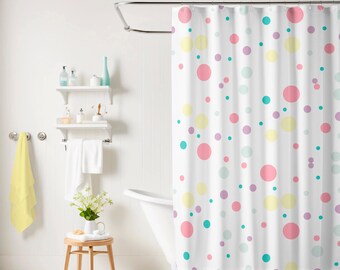 Pretty Pastel Dots White Shower Curtain Soft Girlie Abstract Pink and Yellow Bathroom Decor Shower Curtain Accessories Housewarming gift