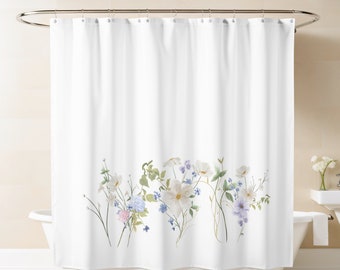 Beautiful Cottagecore Floral Shower Curtain White Wild Flower Plant Botanical Herb Bathroom Curtain for Women her Farmhouse Shower Decor