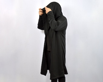 Long Cardigan with Hood made of Cotton French Terry, cool hooded coat on sizes S to 3XL
