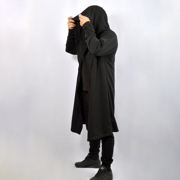 Long Cardigan with Hood made of Cotton French Terry, cool hooded coat on sizes S to 3XL