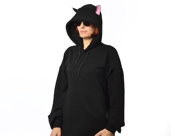 Sweat à capuche surdimensionné avec oreilles de chat ou cornes de diable, oreilles d'elfe, oreilles de lapin, sweat à capuche personnalisé, sweat à capuche avec manches larges