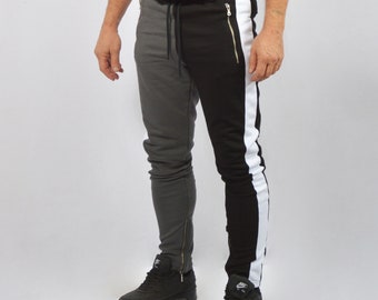 Two Tone Joggers For Men, Gray or White And Black, Gothic pants, Cool Design with metal zippers and Unique Slim Fit