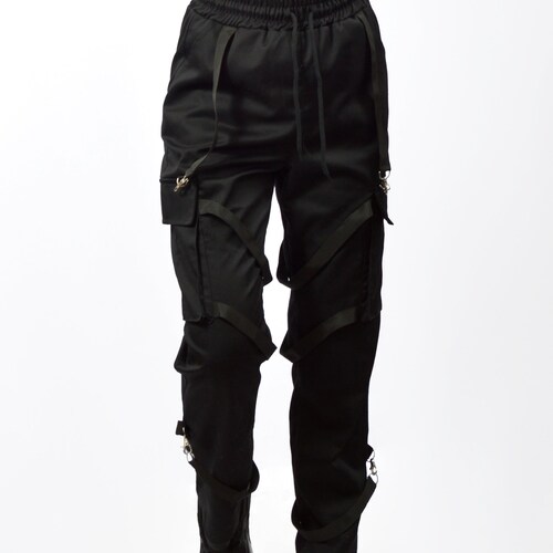 Tactical trousers with ribbons and cargo pockets, black military pants alternative clothing