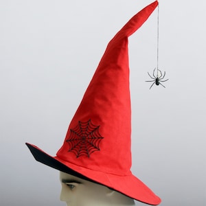 Witch hat, red hat with spider, cosplay wide brim hat.