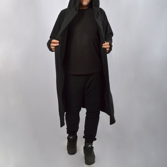 Long Cardigan with Hood Made of Cotton French Terry, Cool Hooded Coat on Sizes S to 5XL