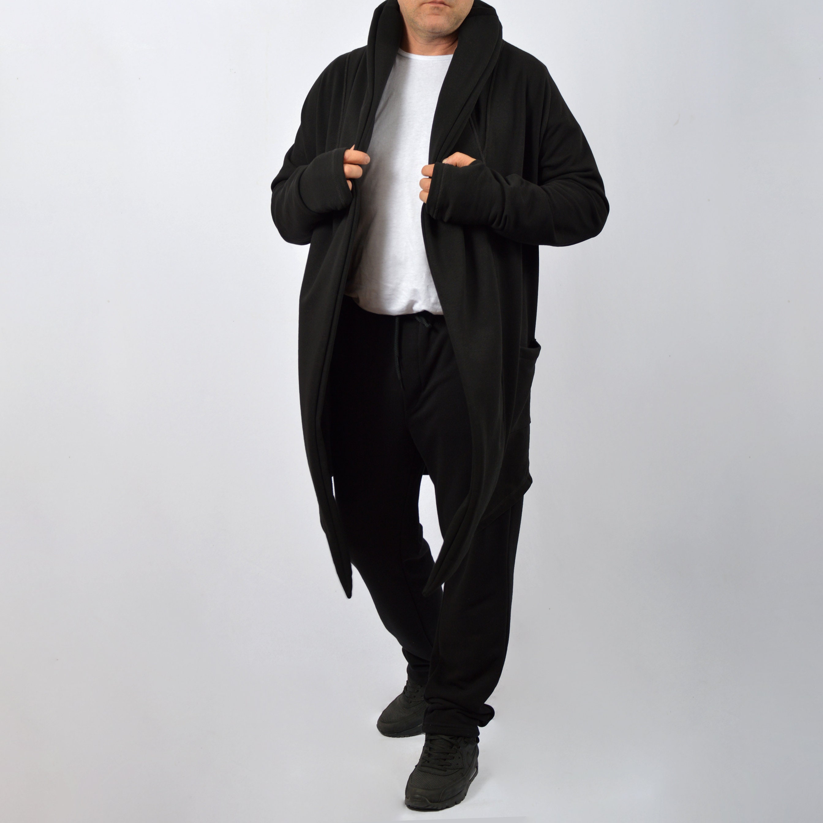 Unisex Oversized Hood Cardigan, Long Black, Khaki or White