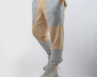 Beige and gray patchwork sweatpants for spring and summer.Original sweatpants, Beige pants, biker pants.