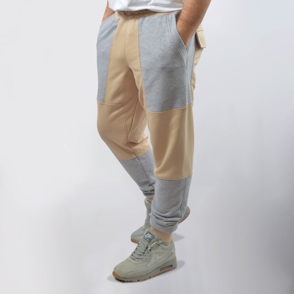 Pantalon de survêtement patchwork beige et gris pour le printemps et l'été. Pantalon de survêtement original, pantalon beige, pantalon de motard.