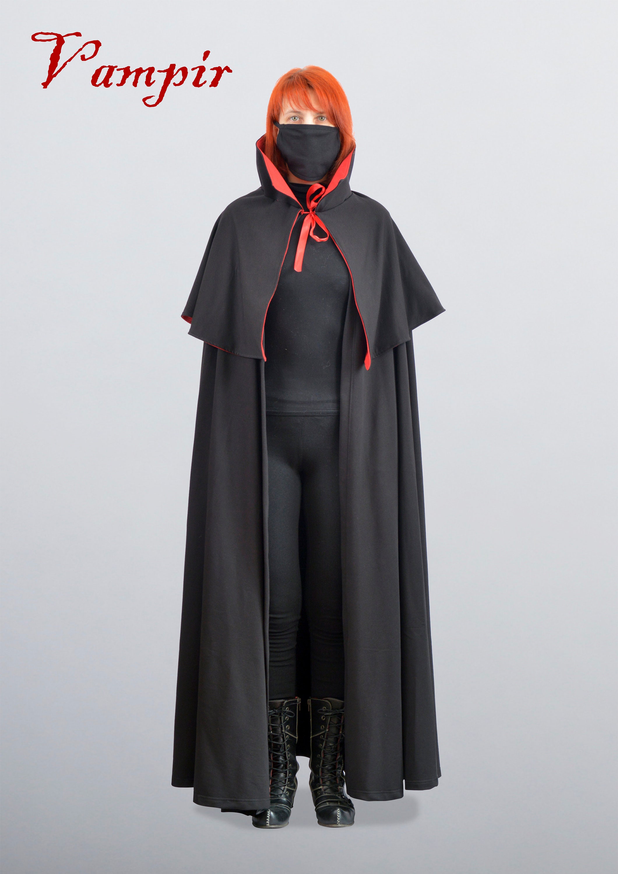 Hooded crush velvet Black and redロングマント Hooded crush velvet Black and redロングマント