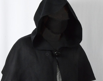 Medieval black viking wool hood, knight, hunter and cosplay costume of other historical characters.