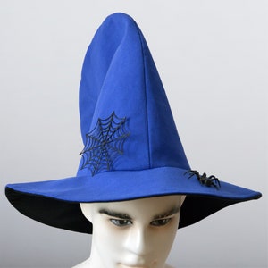 Blue hat with spider. Wide-brimmed witch or wizard hat for cosplay.