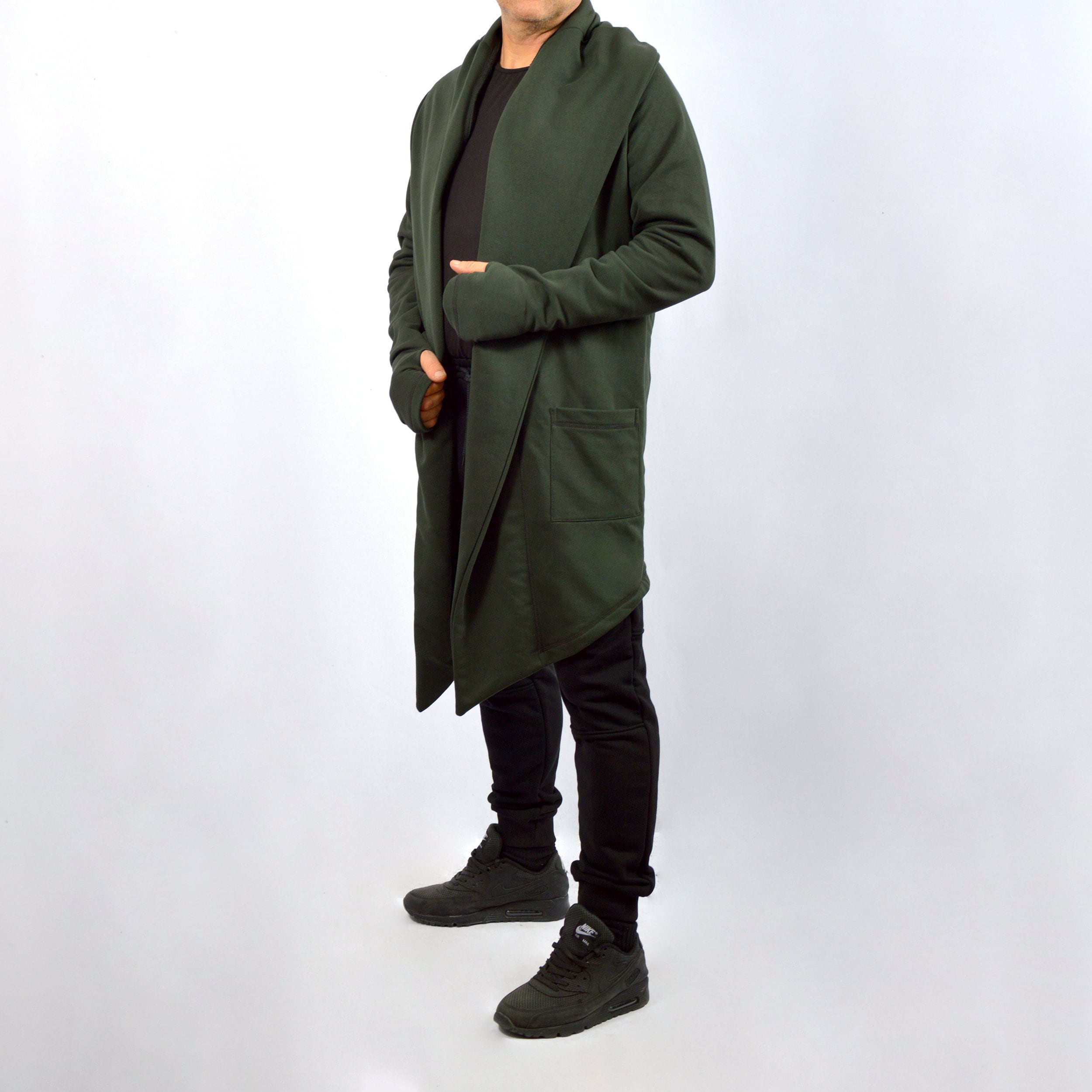 [阪神素地] コクゴ M-25 腕抜 FREE Unisex Oversized Hood Cardigan, Long Black, Khaki or White