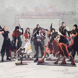 May include: A set of nine character figurines from the Final Fantasy video game series. The figurines are made of plastic and are painted in various colors. The characters include Cloud, Sephiroth, Tifa, Aerith, Barret, Red XIII, Yuffie, Vincent, and Cid. The figurines are posed in various action poses and are holding weapons and accessories.