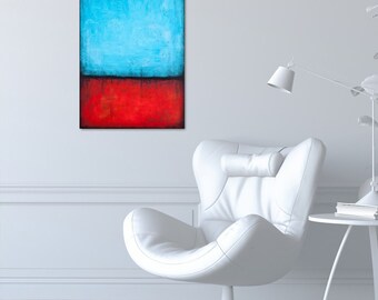 Peinture moderne abstraite minimaliste originale bleue et rouge sur toile tendue. Oeuvre d'art murale contemporaine