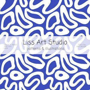 May include: A digital pattern featuring white organic, amoeba-like shapes on a vibrant blue background. A central horizontal band displays the text Liss Art Studio, patterns & illustrations, 5000 x 5000, 300 DPI, RGB, and DIGITAL ARTWORK.