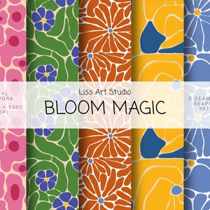 May include: Five seamless repeating patterns featuring abstract floral designs in pink, green, orange, yellow, and blue. The text "Liss Art Studio BLOOM MAGIC" is displayed across the top of the image.