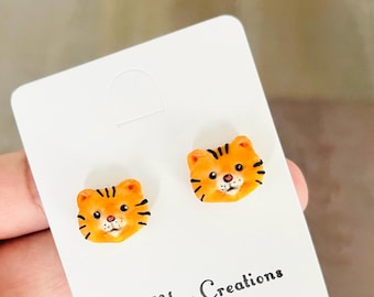 Handmade Polymer Clay Tiger Earrings, Cartoon Animal Jewelry, Kawaii Accessory