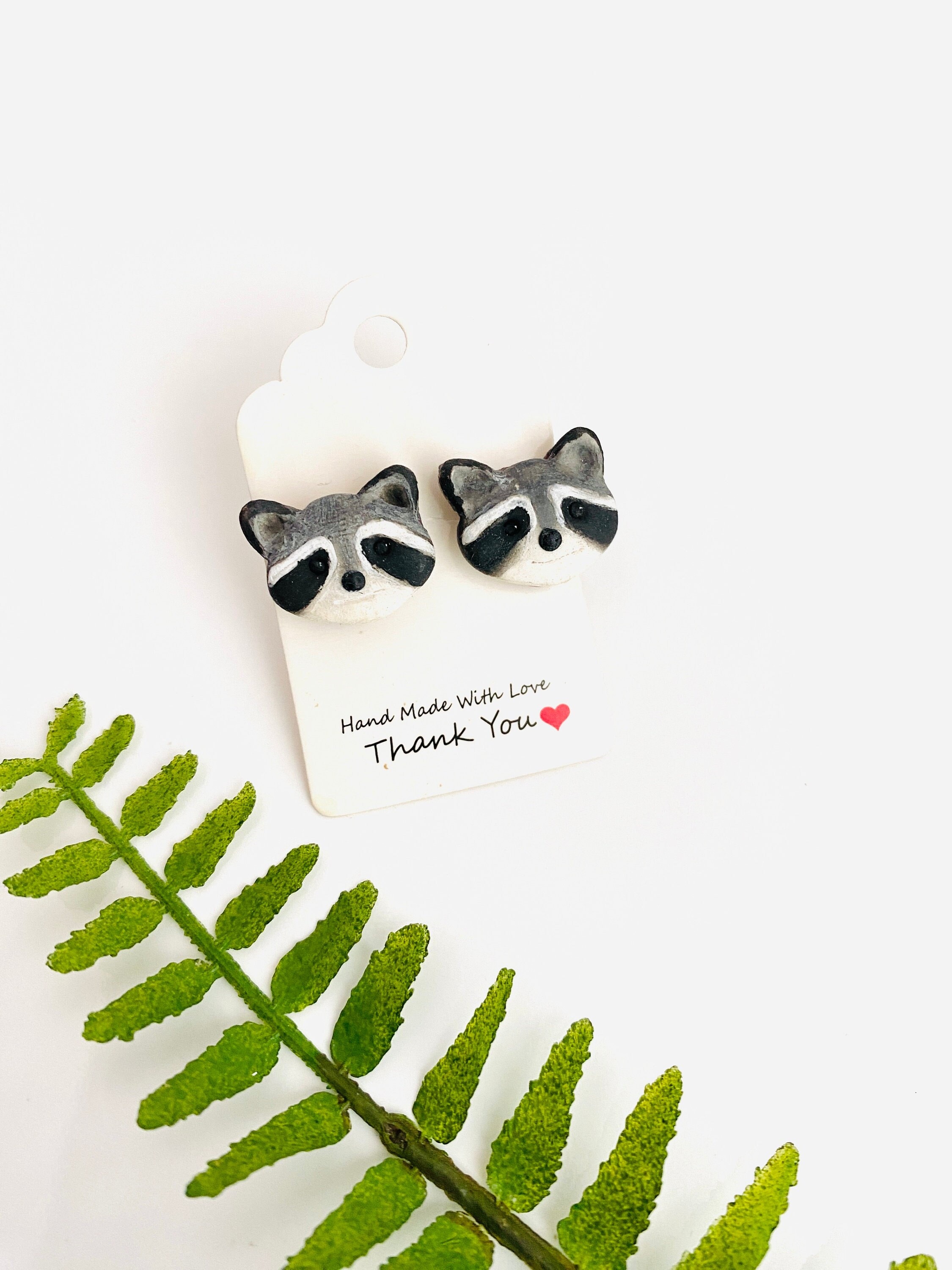 Handmade Raccoon Stud Earrings: Polymer Clay Animal Jewelry