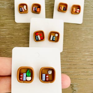 Bookshelf Earrings, Handmade Polymer Clay Book Jewelry, Mini Book Studs, Unique Gifts for Readers, Librarian Earrings