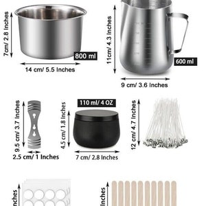 May include: A set of candle making supplies including a stainless steel double boiler, a stainless steel pouring pitcher, a black jar, a set of wooden sticks, a sheet of round wax stickers, a set of candle wicks, and a digital thermometer. The set includes measurements in both inches and centimeters.