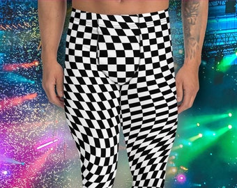 Harlequin Men's Leggings | Warped Checked Meggings | Black and White Diamond Meggs | Party Clubbing Costume | Yoga Pants | Casual Leggings