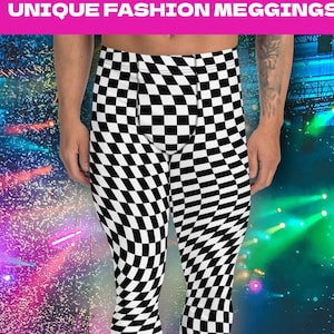 Harlequin Men&#39;s Leggings | Warped Checked Meggings | Black and White Diamond Meggs | Party Clubbing Costume | Yoga Pants | Casual Leggings