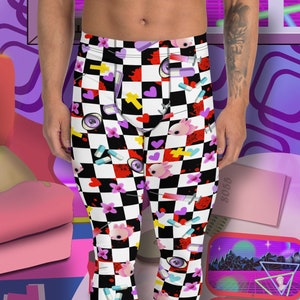 Mens Leggings Yami Kawaii Checked, Japanese Style Kawaii Halloween Menhera Kei Pastel Goth Harajuku Anime Athleisure Festival Meggings