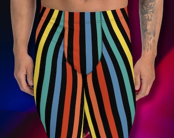 Festival Men's Leggings, Stripy Wrestling Style Performance Tights, Fashion Meggs, Rainbowcore Striped Meggings, Rave Gear Clubbing Outfit